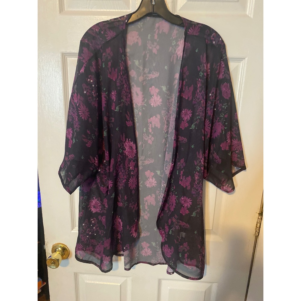 Floral Sheer Kimono Cardigan Purple Pink Open Front Mesh Wrap XL